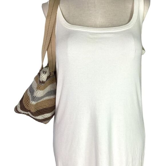 The Sak Tote Small Brown Mendocino Stripe Crochet Double Strap Zip Vegan NEW - Picture 3 of 12